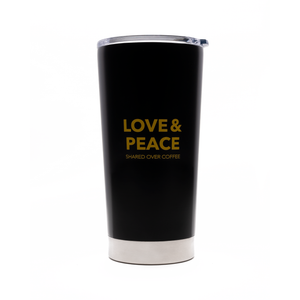 Back of Avatar Coffee Roasters 20 Ounce Tumbler with text "Love and Peace Shared Over Coffee"